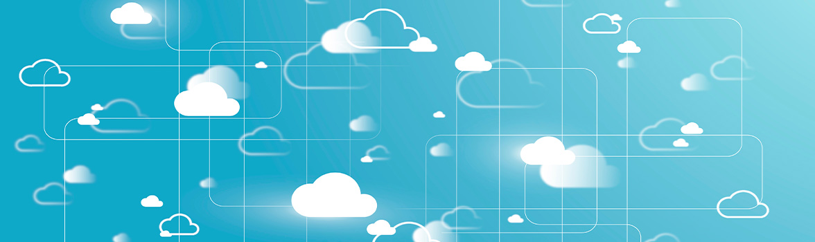 Grafika z błękitnym niebiem i chmurami.