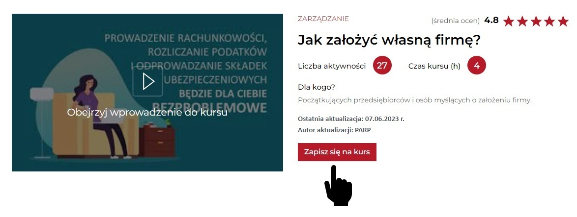 grafika przedstawiająca podstawowe informacje na temat kursu online, w tym tytuł, długość, informację na temat ostatniej aktualizacji i ocenę użytkowników