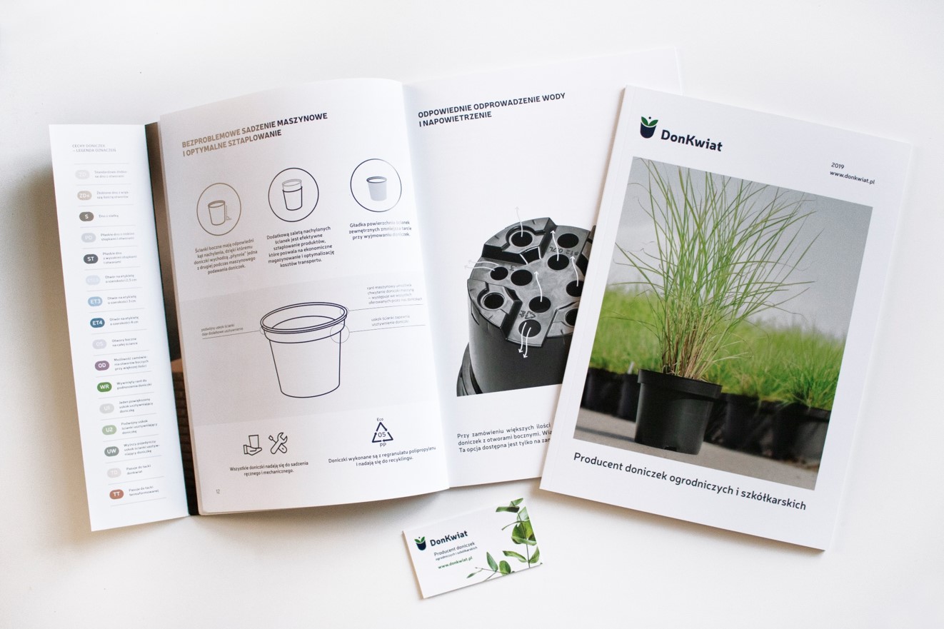 Po lewej stronie i środku widać otwarty katalog produktów. Na jednej ze stron widoczna legenda w różnych kolorach. Widać też piktogramy symbolizujące doniczki. Po prawej stronie widoczna frontowa okładka katalogu, na której widniej zdjęcie roślin w doniczkach. Na dole ekranu widać wizytówkę. Pokrywają ją kwieciste wzory