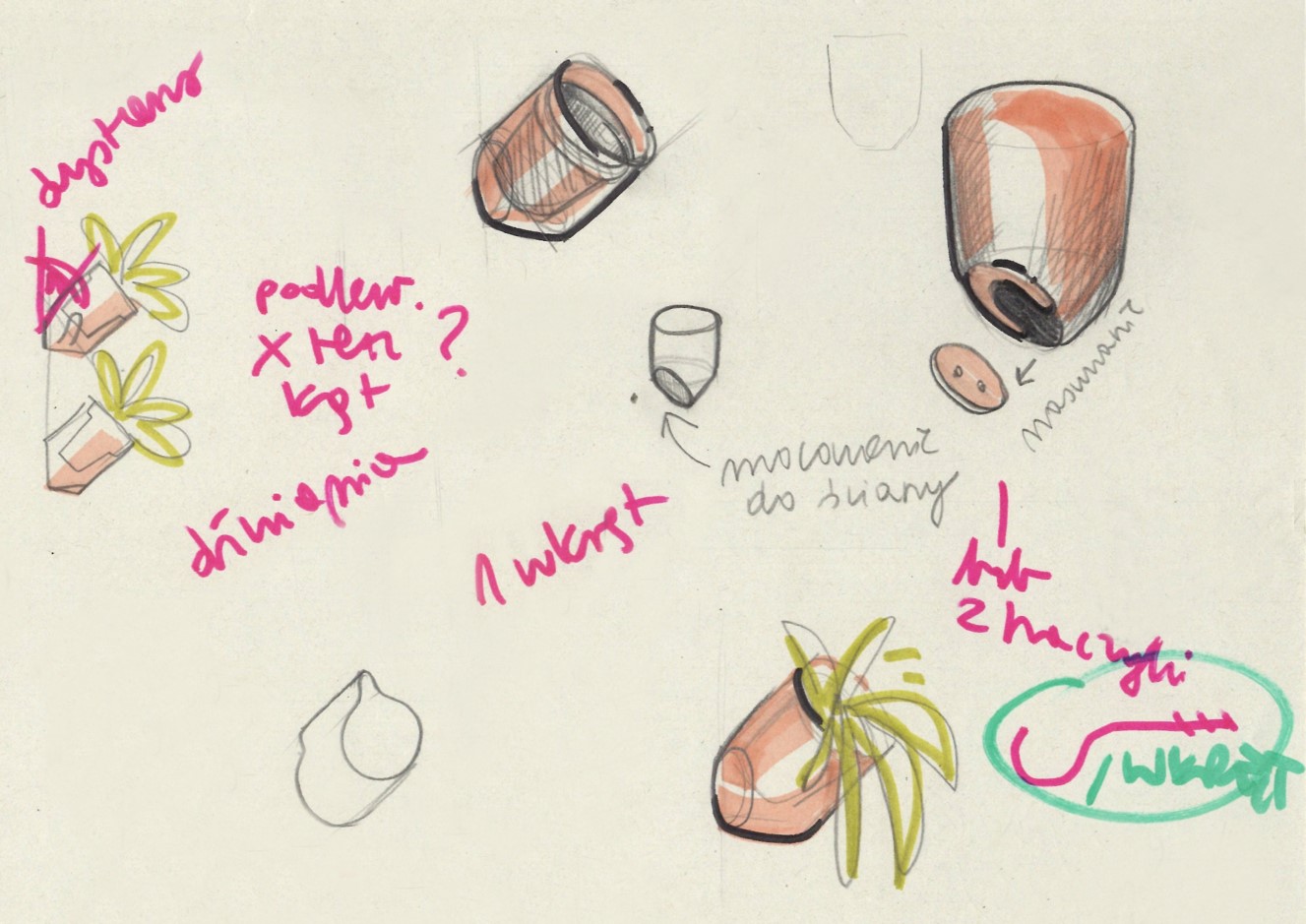 kolorowe oraz dwukolorowe szkice przedstawiające osłonki na doniczki. Kształty osłonek widoczne na szkicach są lekko zaokrąglone, w przekroju przypominają walec. Obok szkiców są dopisane adnotacje dotyczące mocowania osłonek do ściany. Treść jednej z nich to