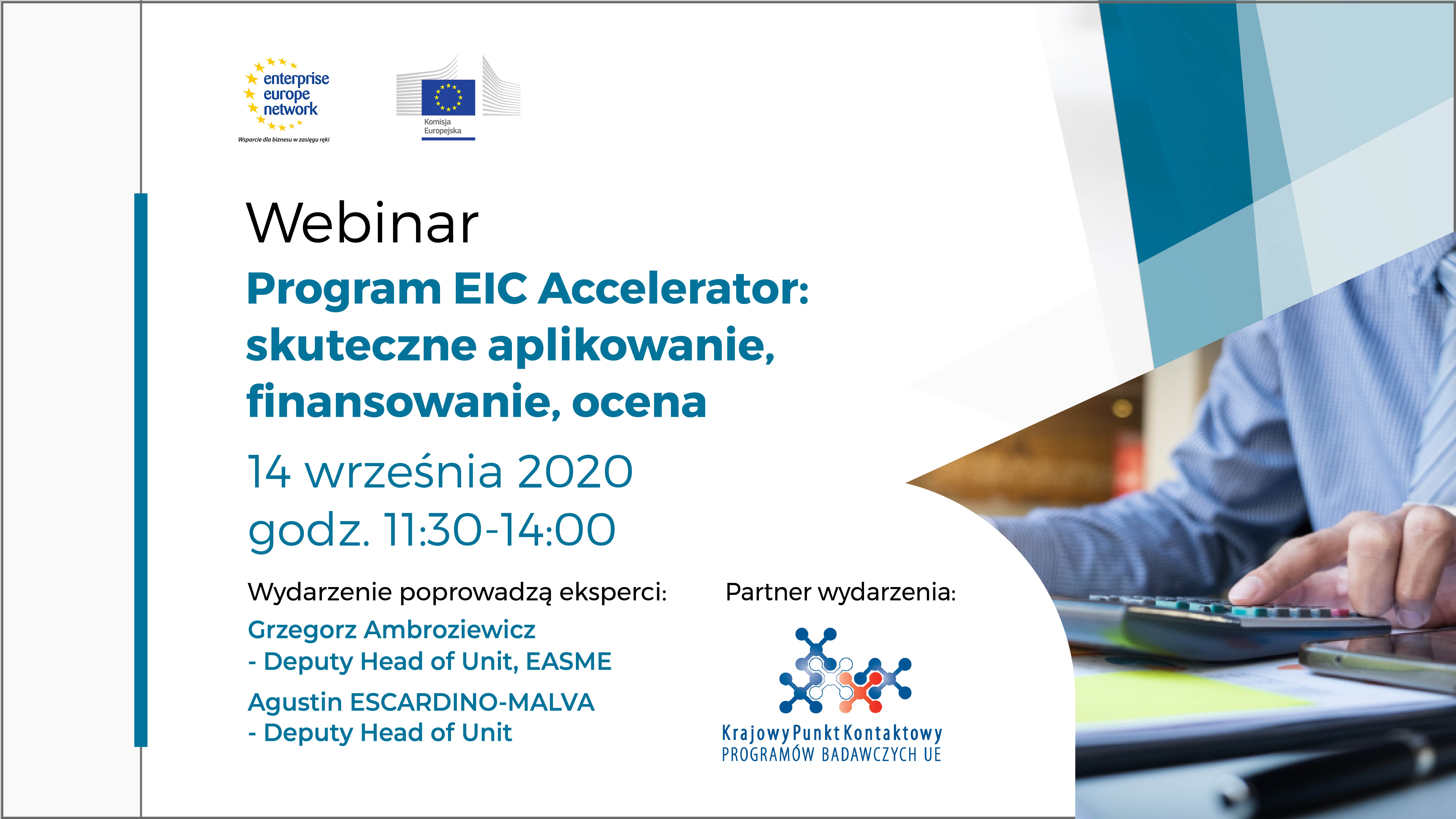 Grafika zapowiadające webinarum: 14 września godz. 11:30. Program EIC Accelerator