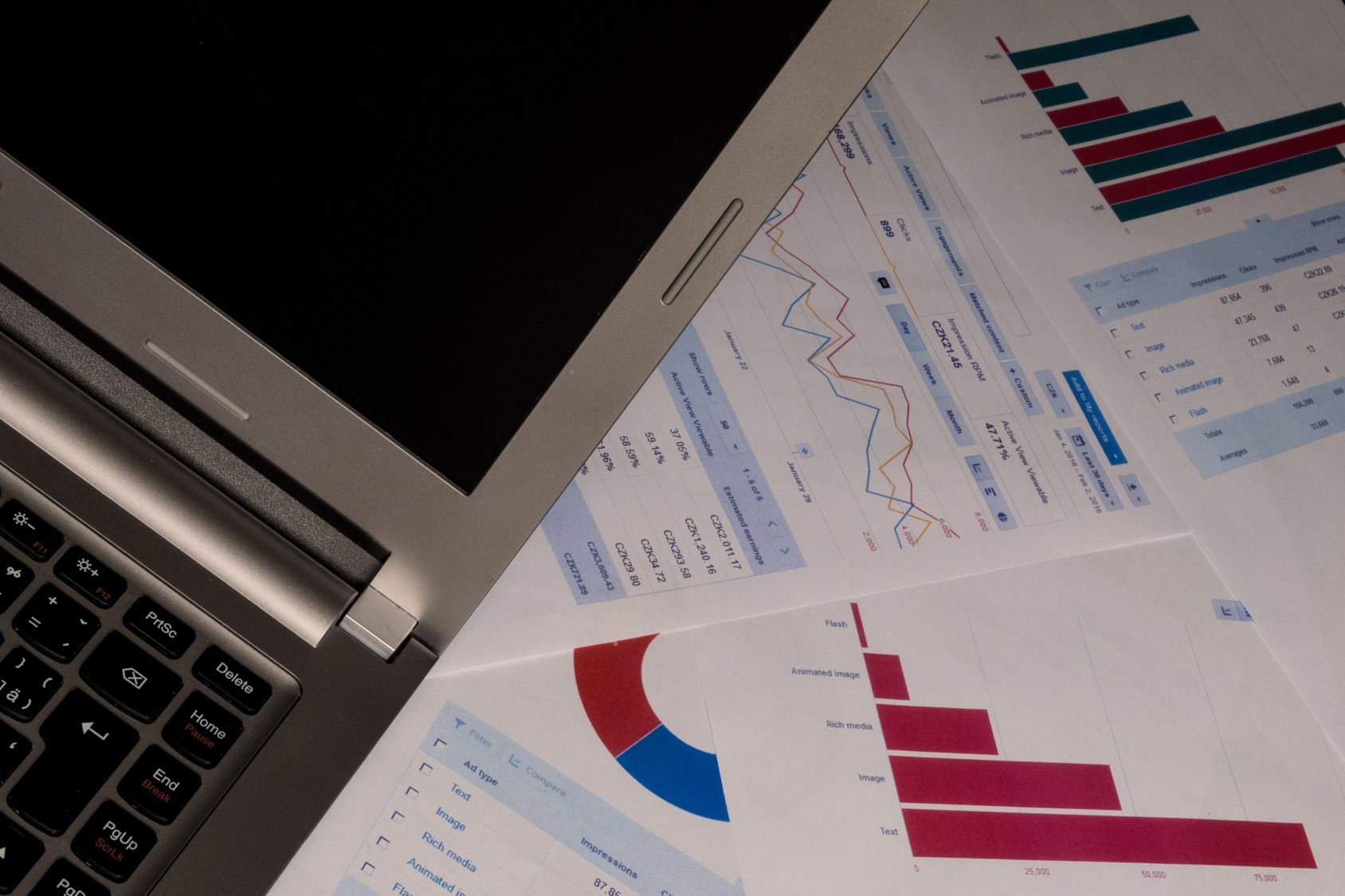 W lewej części zdjęcia widoczny jest laptop, po prawej stronie widać kartki z wykresami
