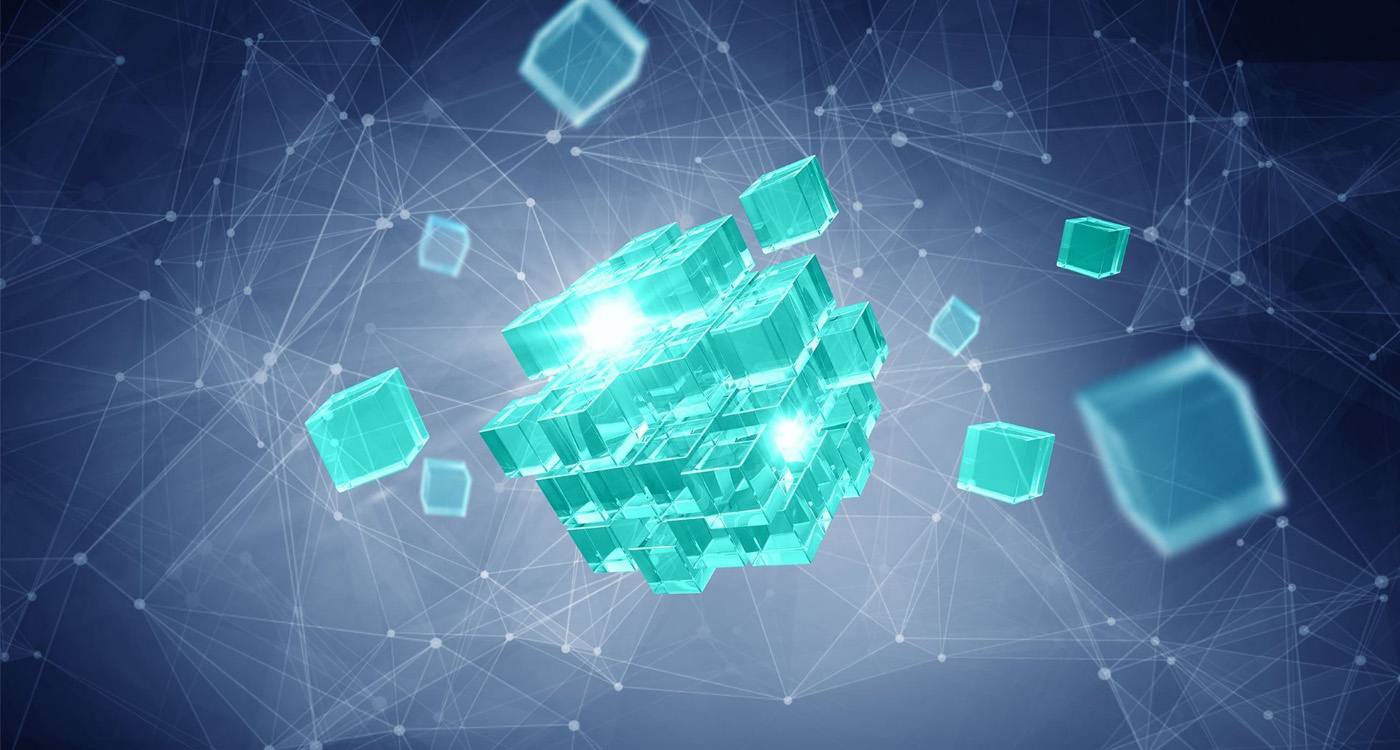 Świetlisty zielony sześcian rozpadający się na mniejsze zawieszony w przestrzeni.