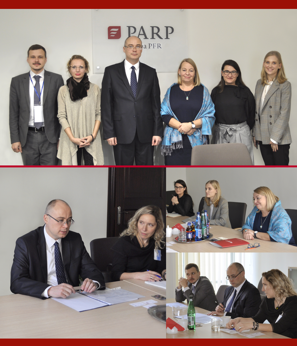 Na tle białej ściany z logotypem Polskiej Agencji Rozwoju Przedsiębiorczości stoi grupa ludzi, wśród nich prezes PARP - Małgorzata Oleszczuk. Niżej widać te same osoby siedzące przy stole. 